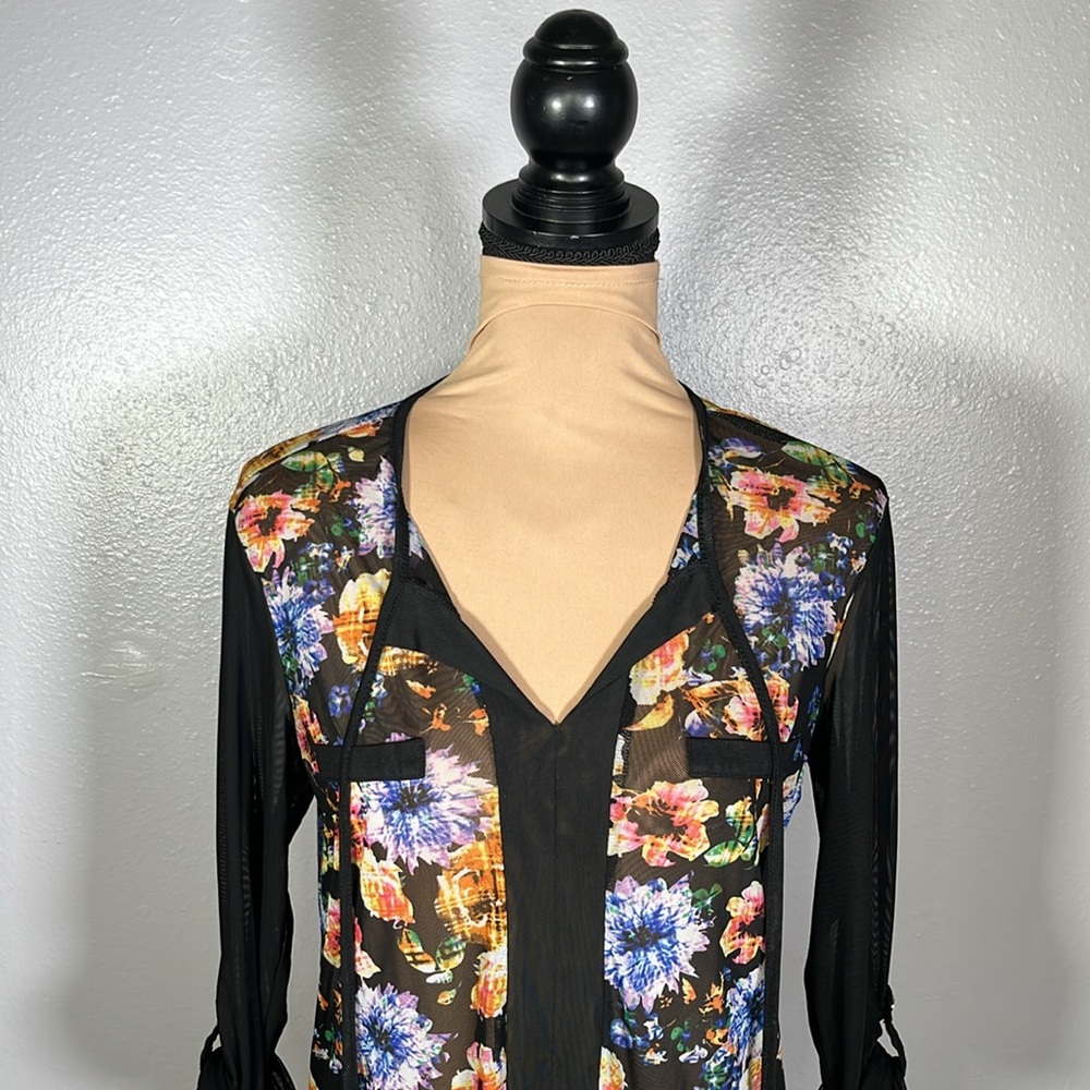 Sheer Mesh floral print drawstring top sz S | whimsigoth feminine grunge Y2K - Picture 4 of 10